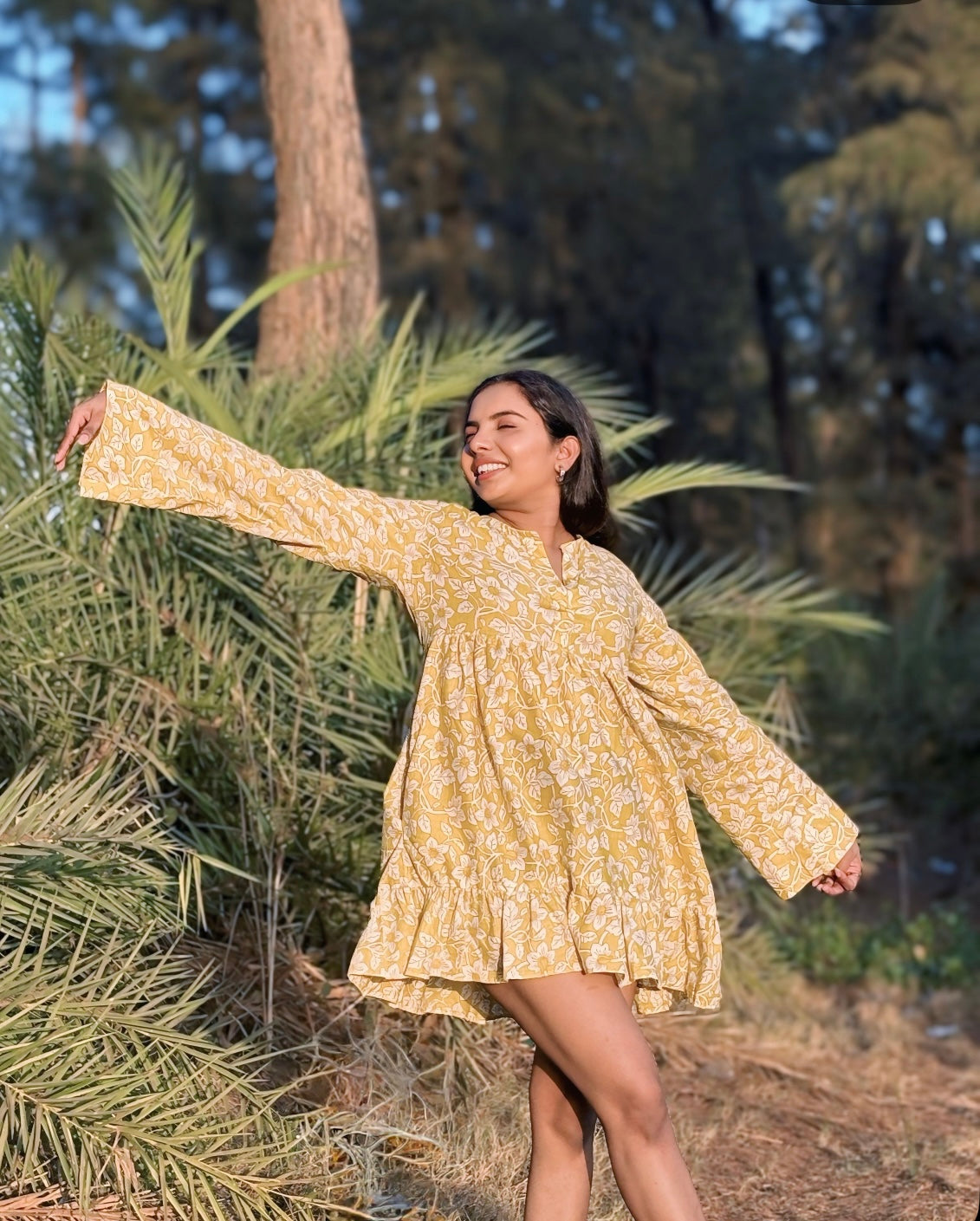 Mustard Floral Flared Cotton Dress