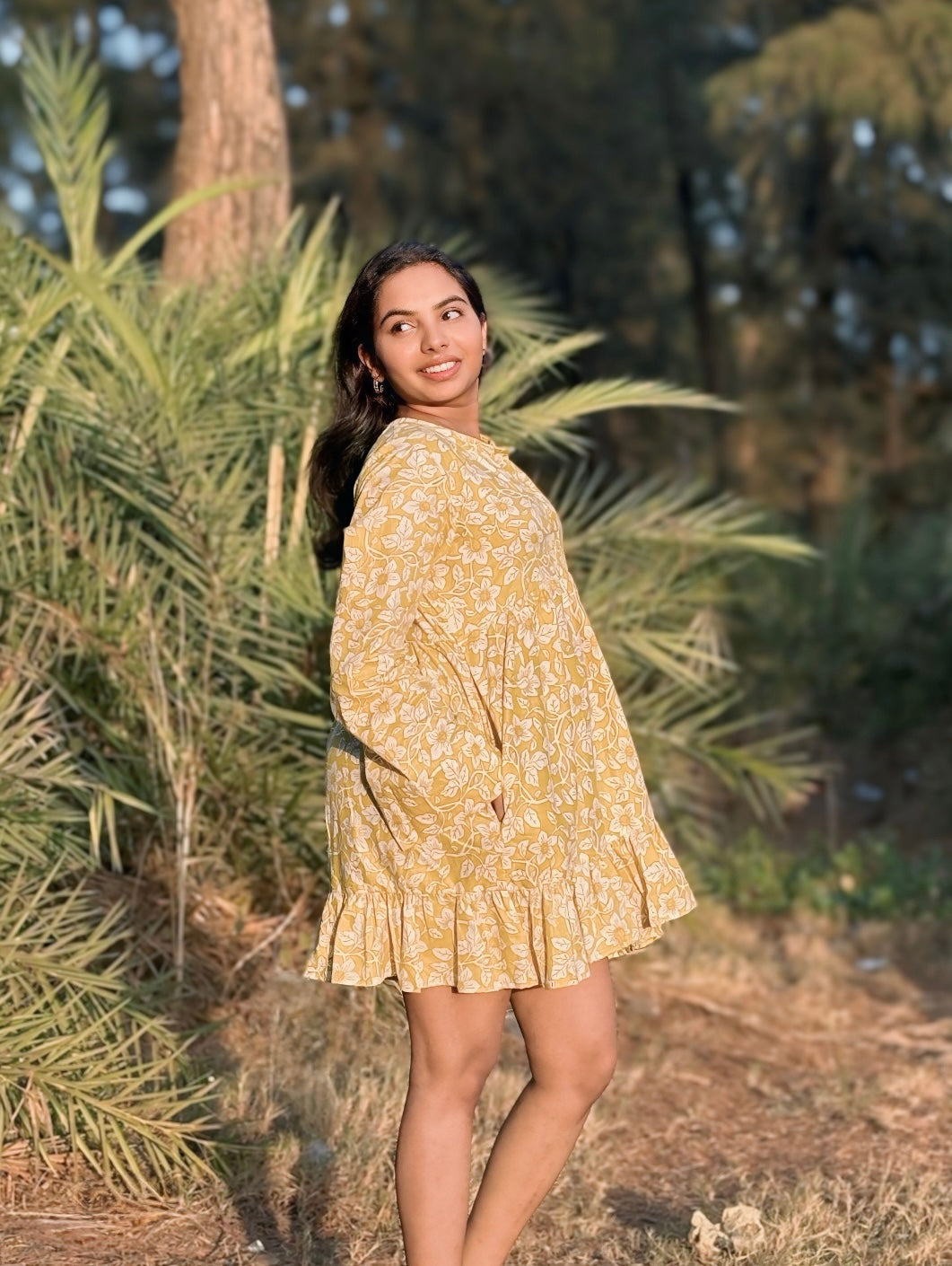Mustard Floral Flared Cotton Dress