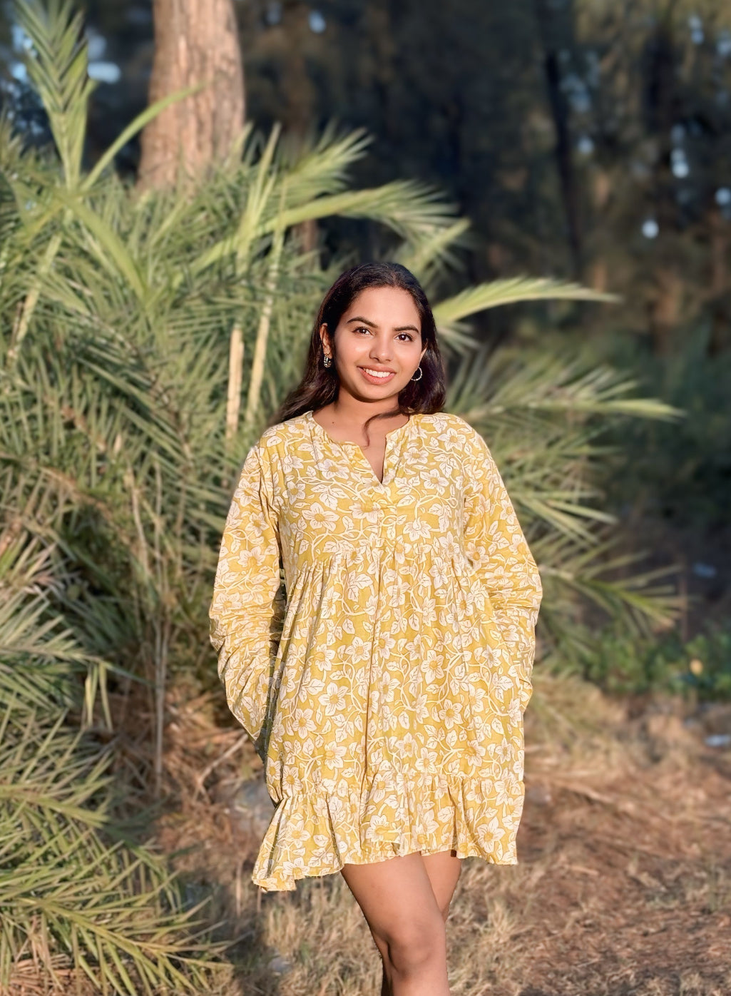 Mustard Floral Flared Cotton Dress