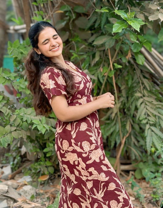 Maroon Floral Printed Pure Cotton Dress