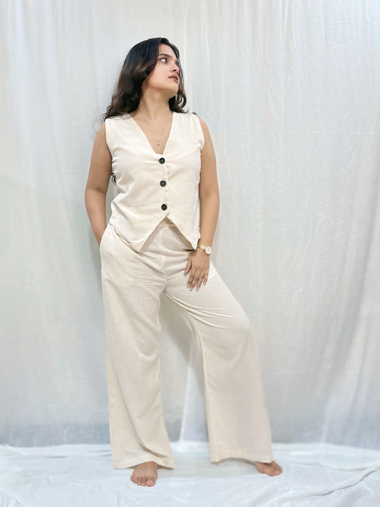 Women's Sleeveless Beige Waistcoat Co-ord Set.
