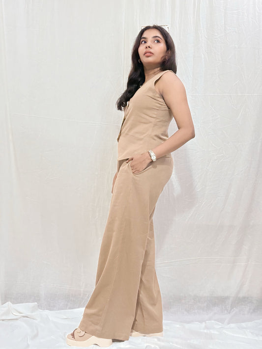 Women's Solid Brown Cotton Waistcoat Co-ord Set.