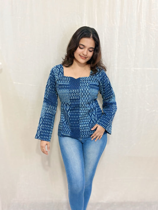 Navy Blue Checkered Printed Cotton Top