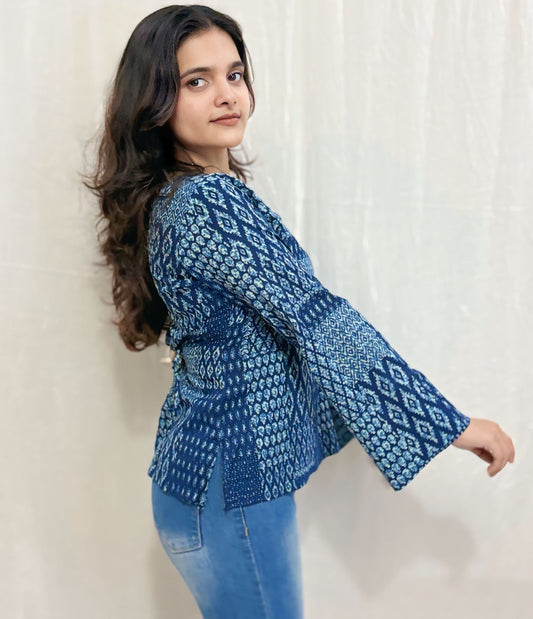 Navy Blue Checkered Printed Cotton Top
