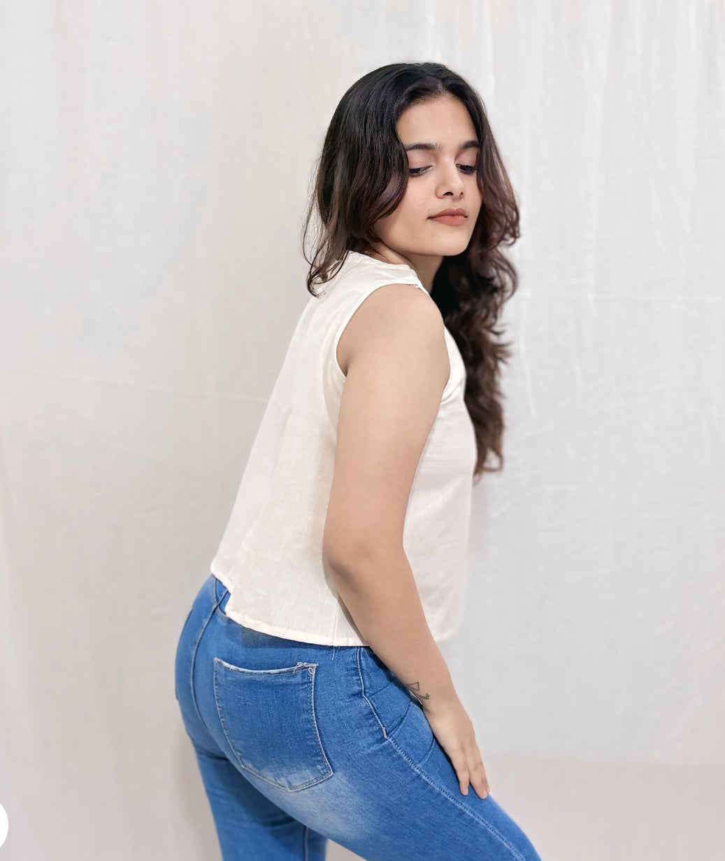 Women's Sleeveless Ivory Cotton Top