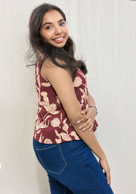Maroon Floral Printed Cotton Top.