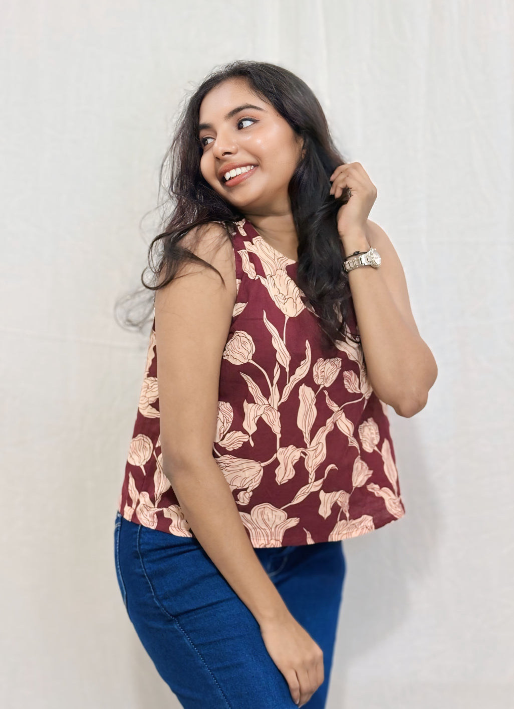 Maroon Floral Printed Cotton Top.