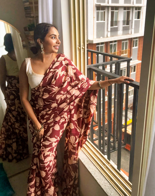 Maroon Floral Printed Cotton Saree
