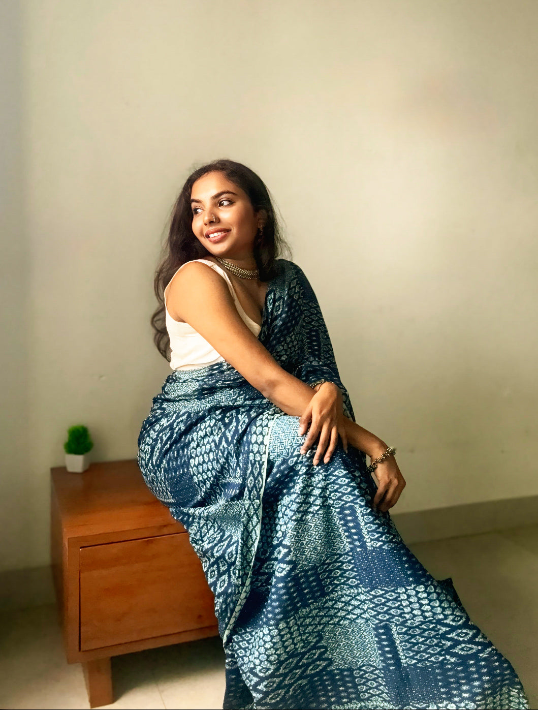Navy Blue Checkered Printed Cotton Saree