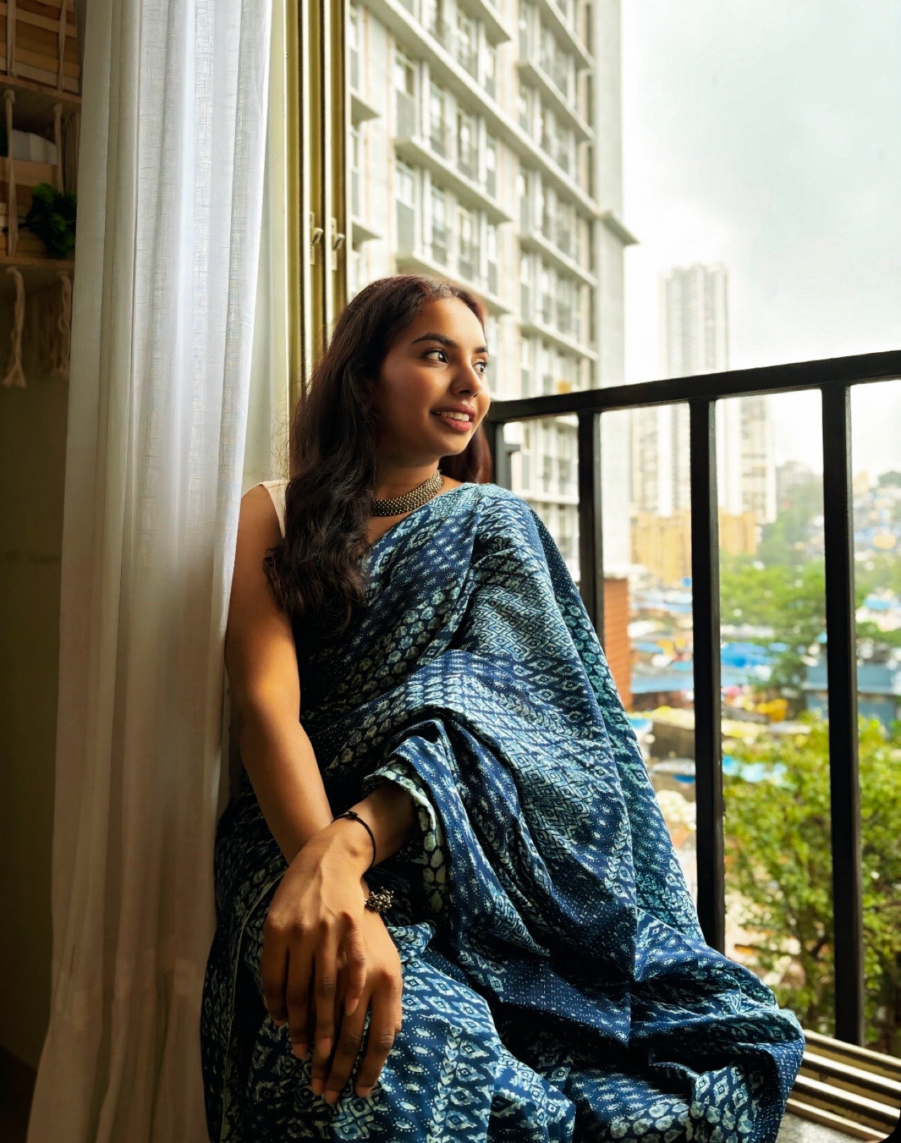 Navy Blue Checkered Printed Cotton Saree
