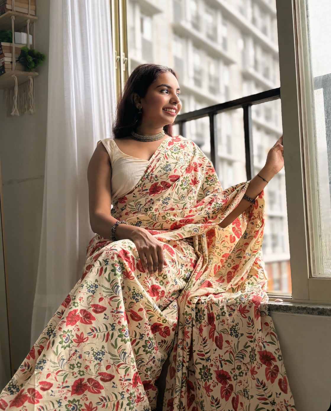 Ivory Floral Printed Cotton Saree
