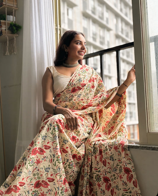Ivory Floral Printed Cotton Saree