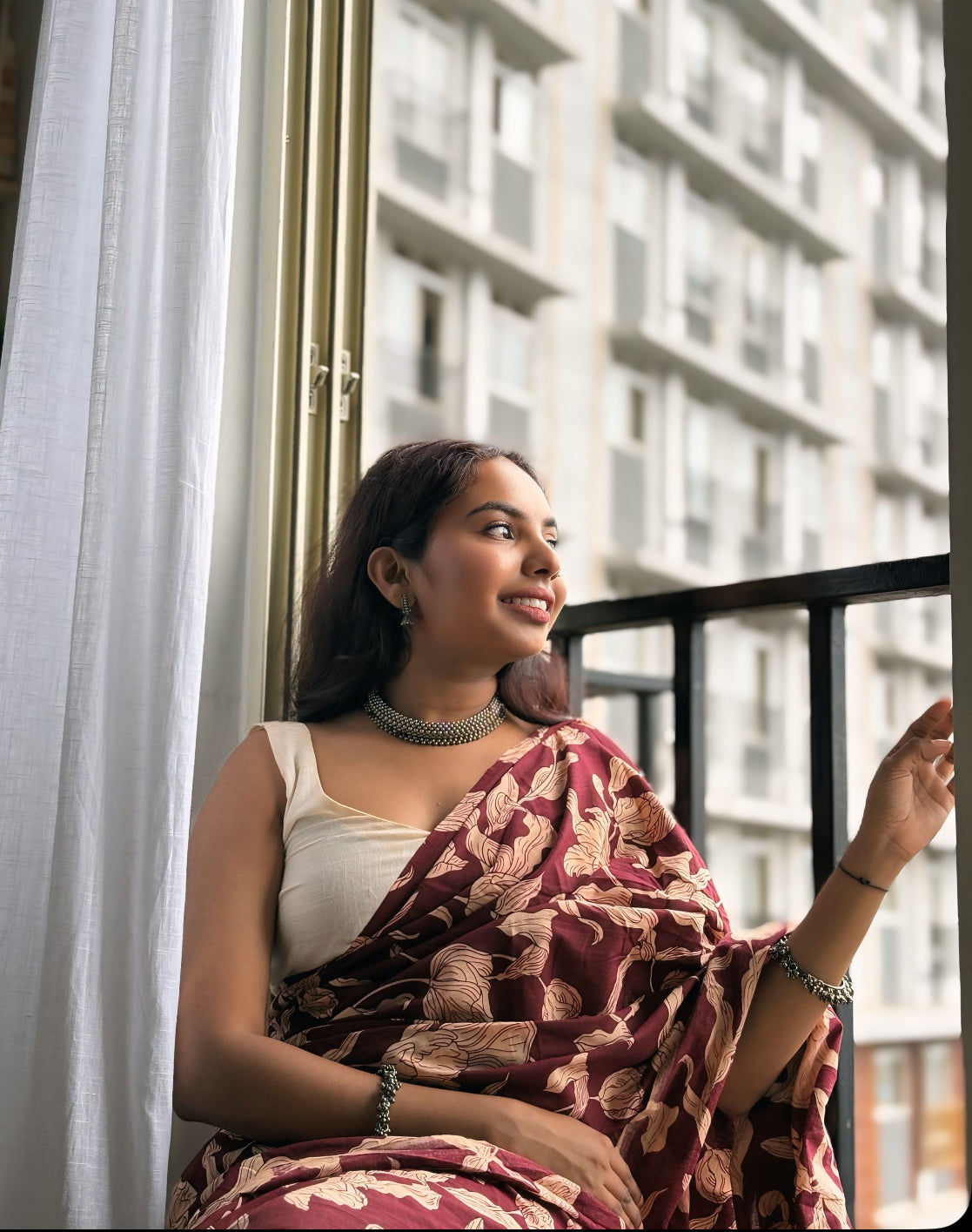 Maroon Floral Printed Cotton Saree