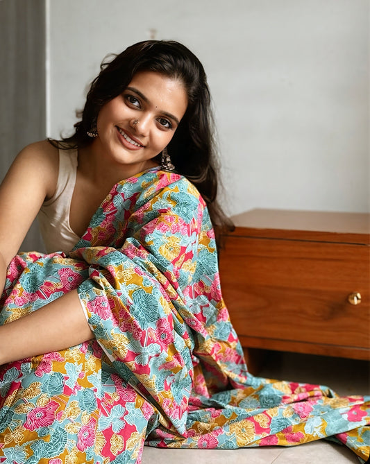 Multicolour Floral Printed Cotton Saree